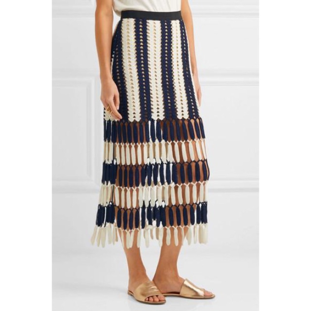 Self-Portrait Navy and Cream Midi Skirt